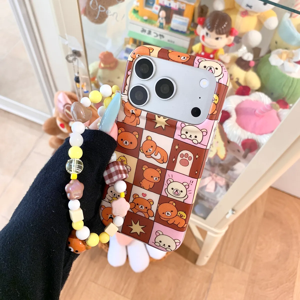 Rilakkuma Patchwork Phone Case with Beaded Strap for iPhone 17 16 15 Pro Max