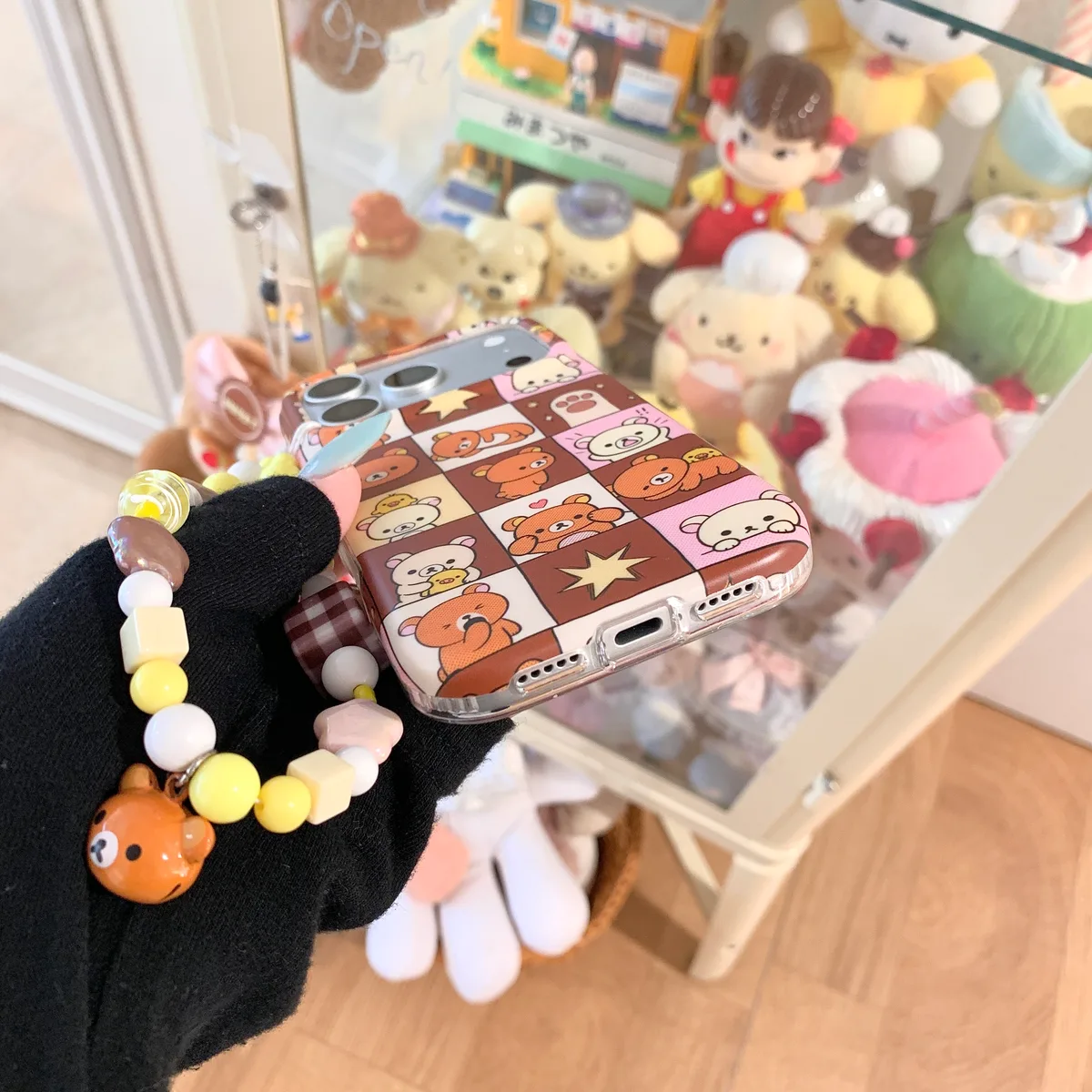 Rilakkuma Patchwork Phone Case with Beaded Strap for iPhone 17 16 15 Pro Max