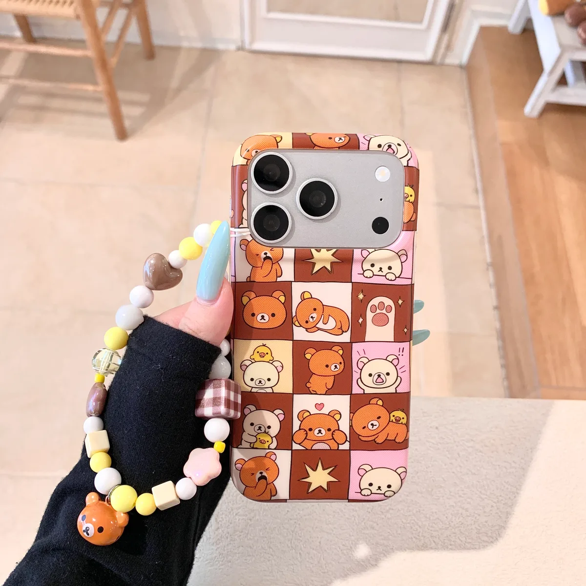 Rilakkuma Patchwork Phone Case with Beaded Strap for iPhone 17 16 15 Pro Max