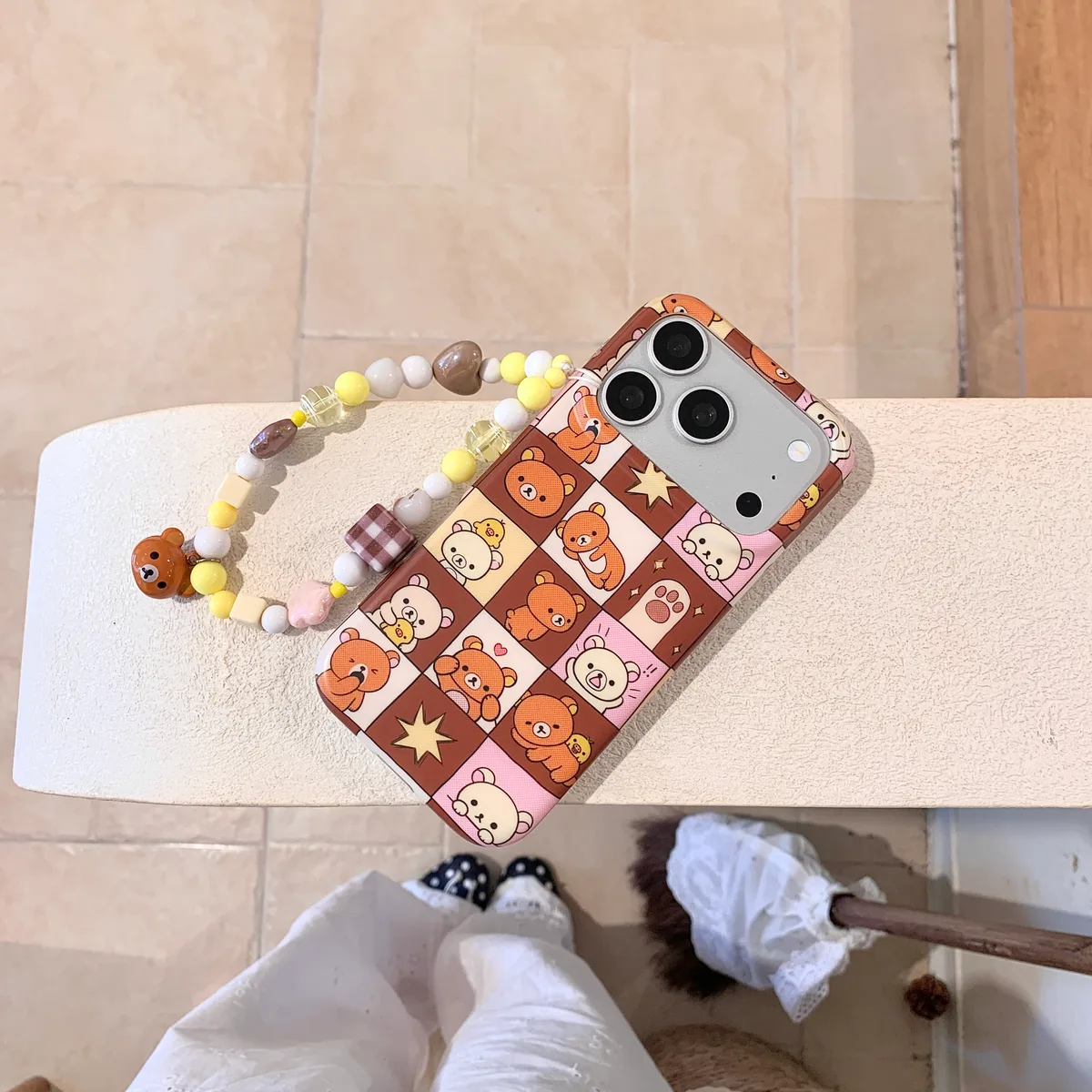Rilakkuma Patchwork Phone Case with Beaded Strap for iPhone 17 16 15 Pro Max