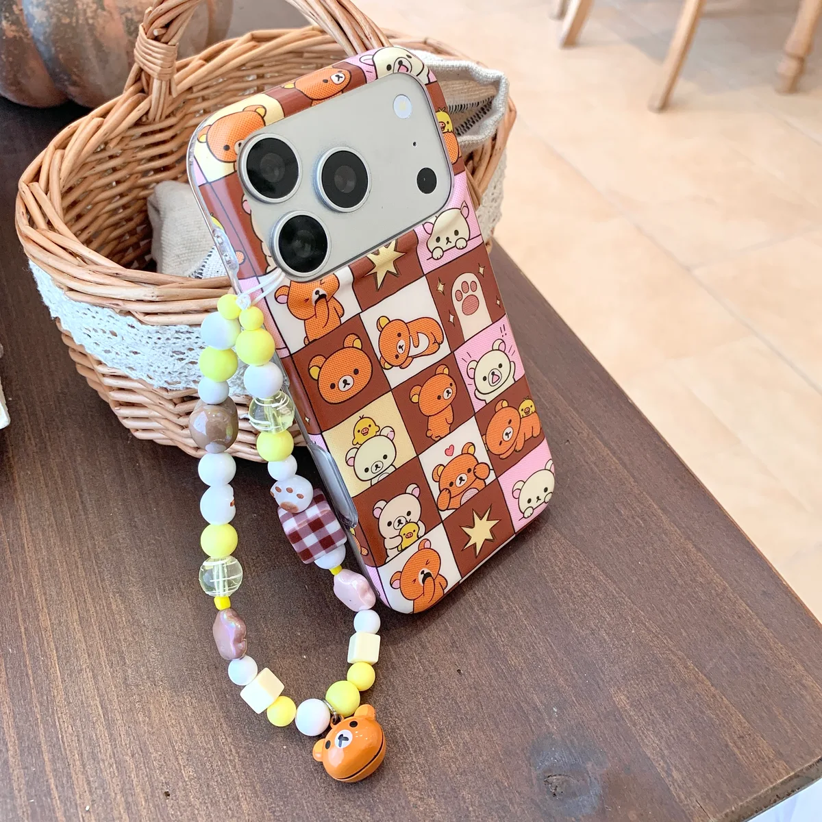 Rilakkuma Patchwork Phone Case with Beaded Strap for iPhone 17 16 15 Pro Max