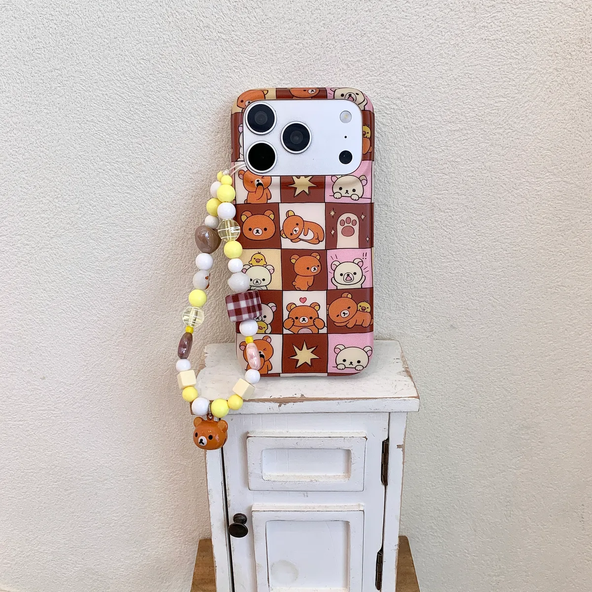 Rilakkuma Patchwork Phone Case with Beaded Strap for iPhone 17 16 15 Pro Max