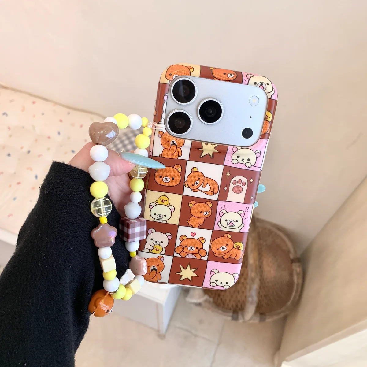Rilakkuma Patchwork Phone Case with Beaded Strap for iPhone 17 16 15 Pro Max