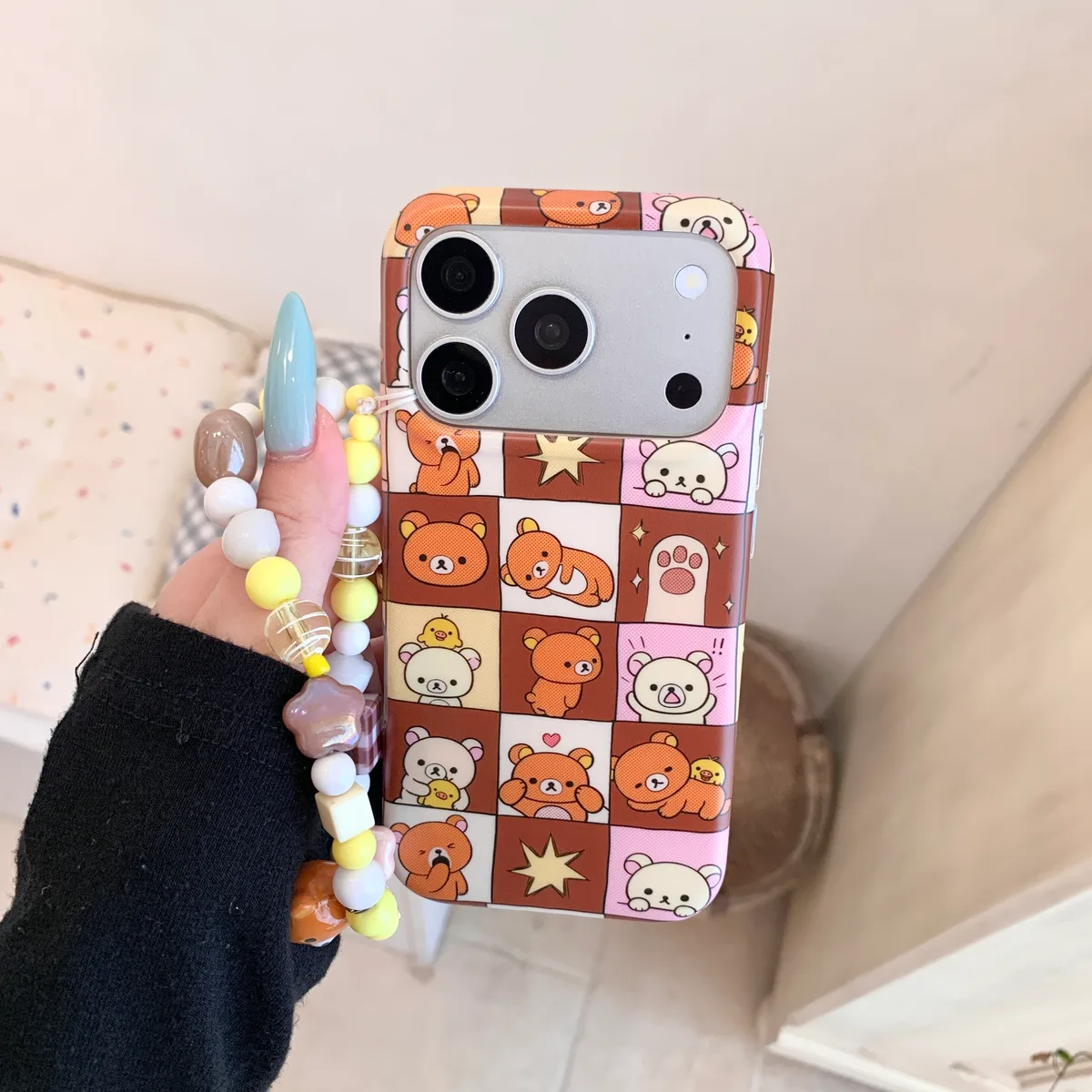 Rilakkuma Patchwork Phone Case with Beaded Strap for iPhone 17 16 15 Pro Max