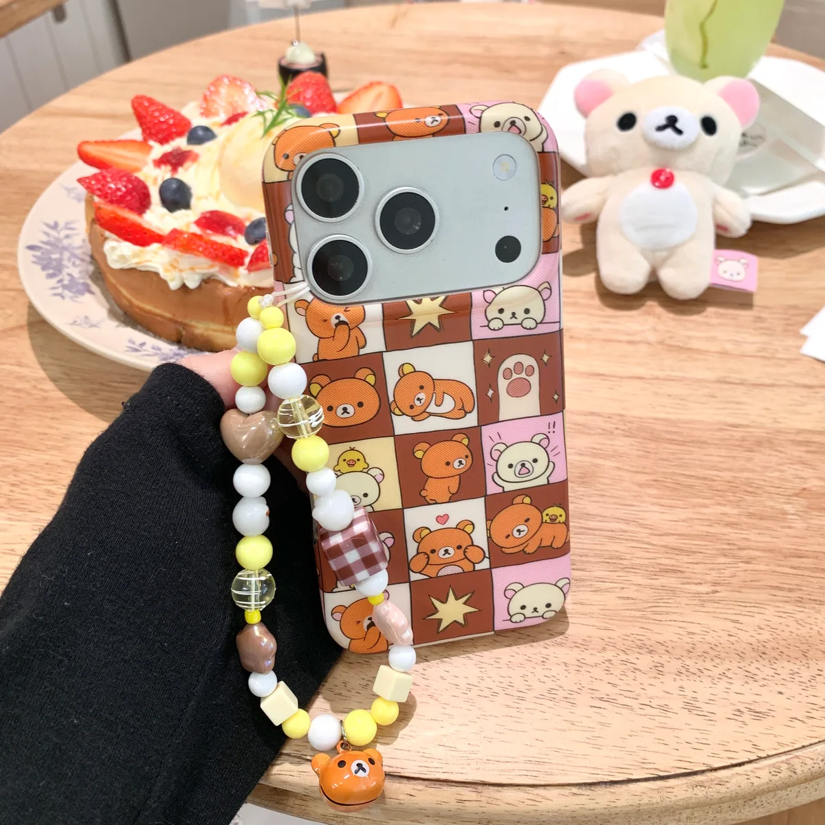 Rilakkuma Patchwork Phone Case with Beaded Strap for iPhone 17 16 15 Pro Max