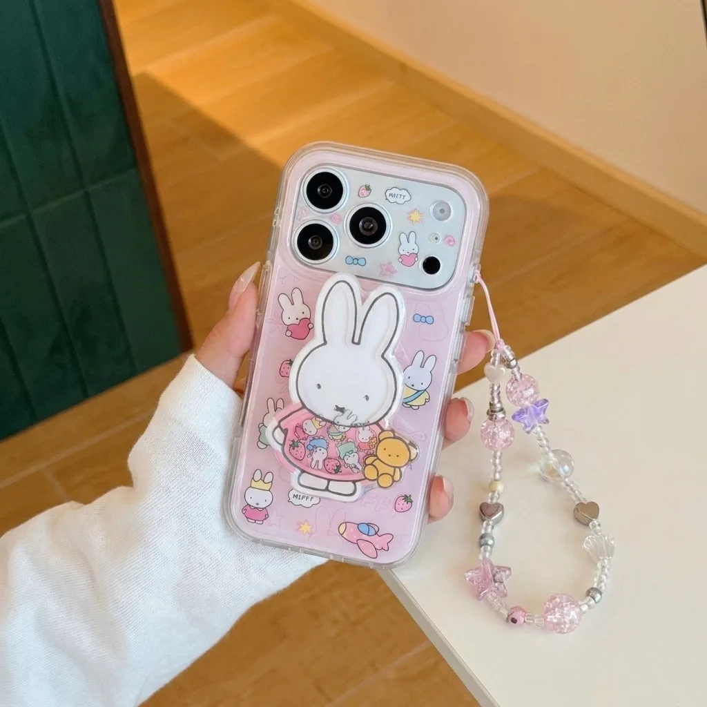 Miffy Pink Clear Phone Case with Beaded Charm for iPhone 17 16 15 Pro Max