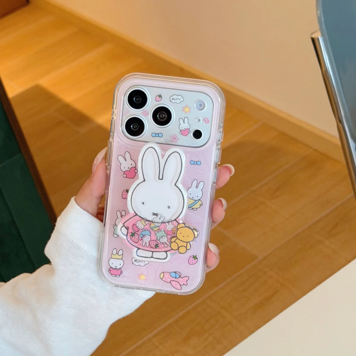 Miffy Pink Clear Phone Case with Beaded Charm for iPhone 17 16 15 Pro Max