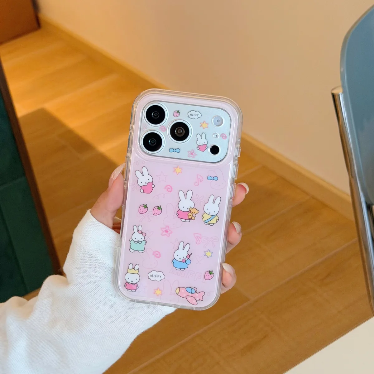 Miffy Pink Clear Phone Case with Beaded Charm for iPhone 17 16 15 Pro Max