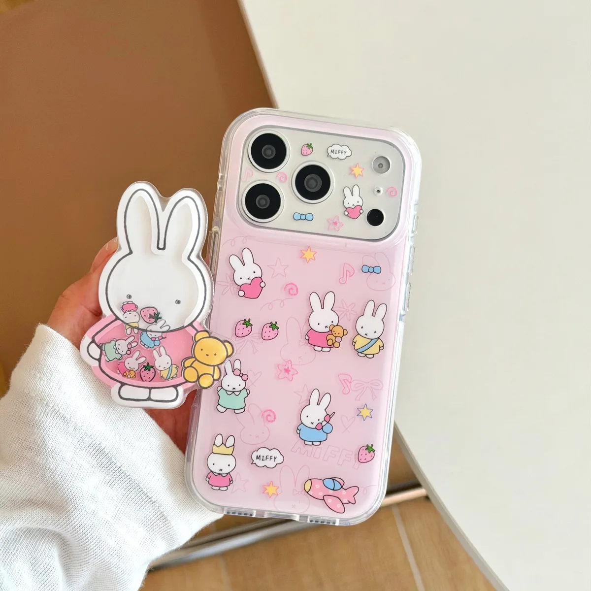 Miffy Pink Clear Phone Case with Beaded Charm for iPhone 17 16 15 Pro Max