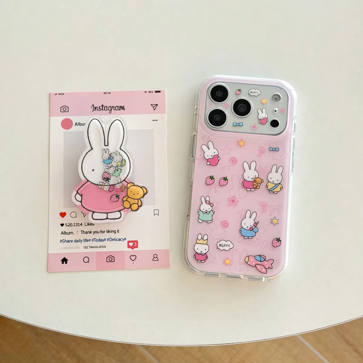 Miffy Pink Clear Phone Case with Beaded Charm for iPhone 17 16 15 Pro Max