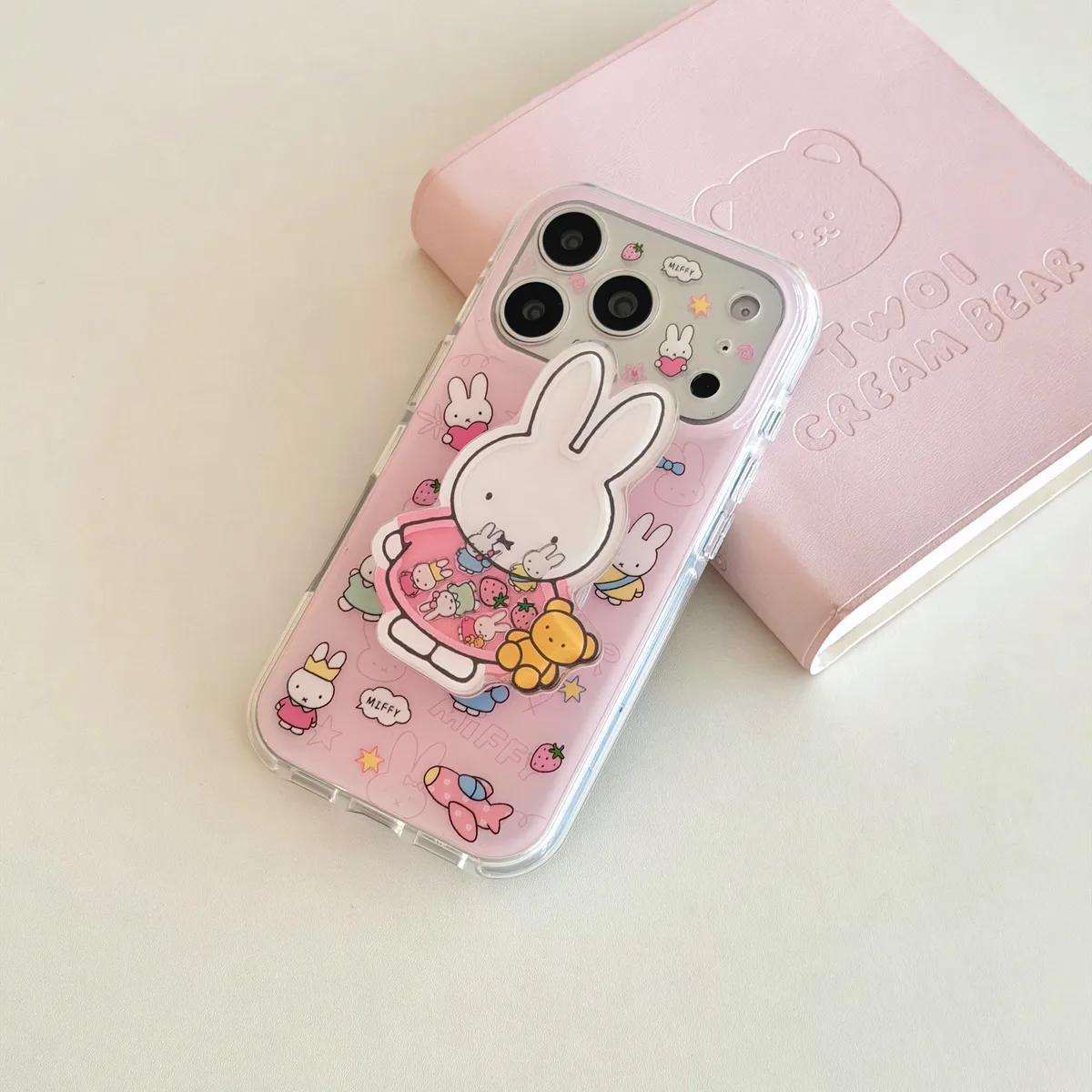 Miffy Pink Clear Phone Case with Beaded Charm for iPhone 17 16 15 Pro Max