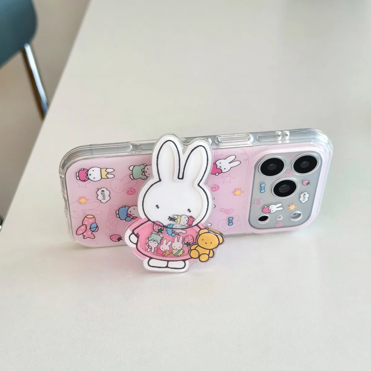 Miffy Pink Clear Phone Case with Beaded Charm for iPhone 17 16 15 Pro Max