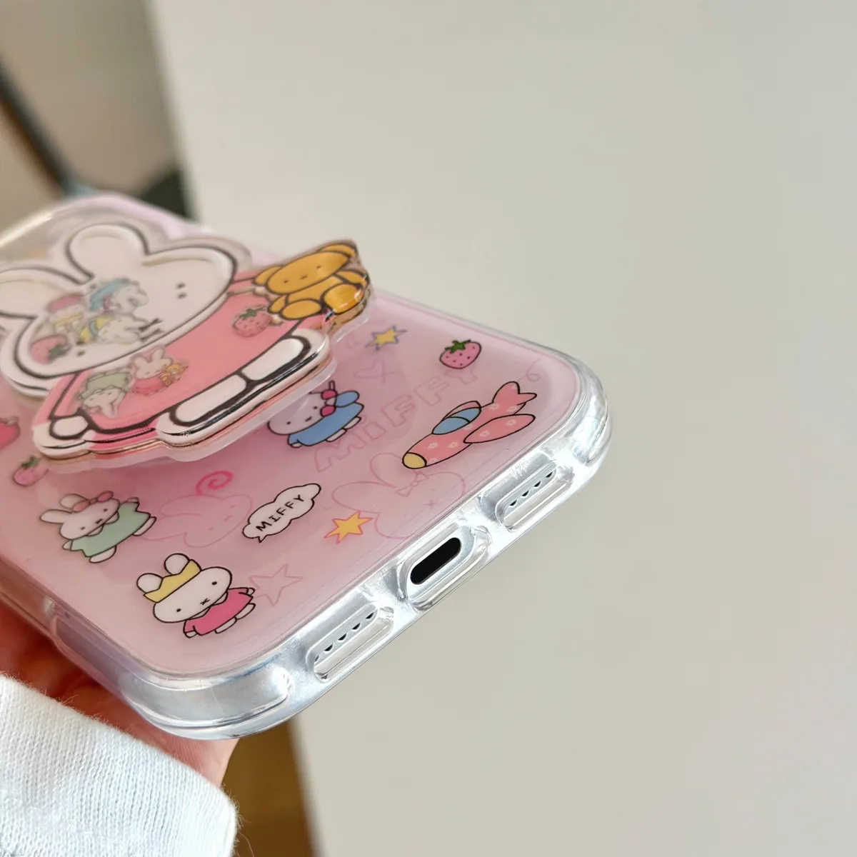 Miffy Pink Clear Phone Case with Beaded Charm for iPhone 17 16 15 Pro Max