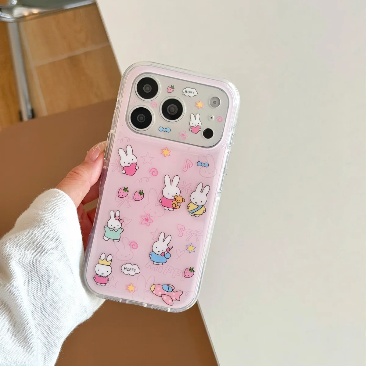 Miffy Pink Clear Phone Case with Beaded Charm for iPhone 17 16 15 Pro Max