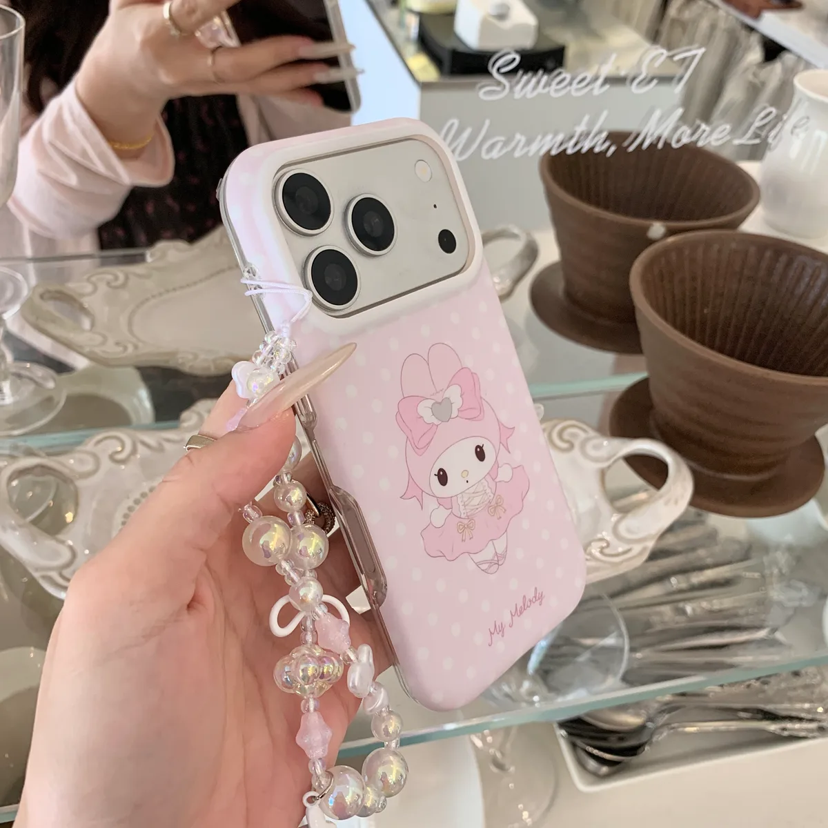 Ballet My Melody Case with Beaded Strap for iPhone 17 16 15 Pro Max