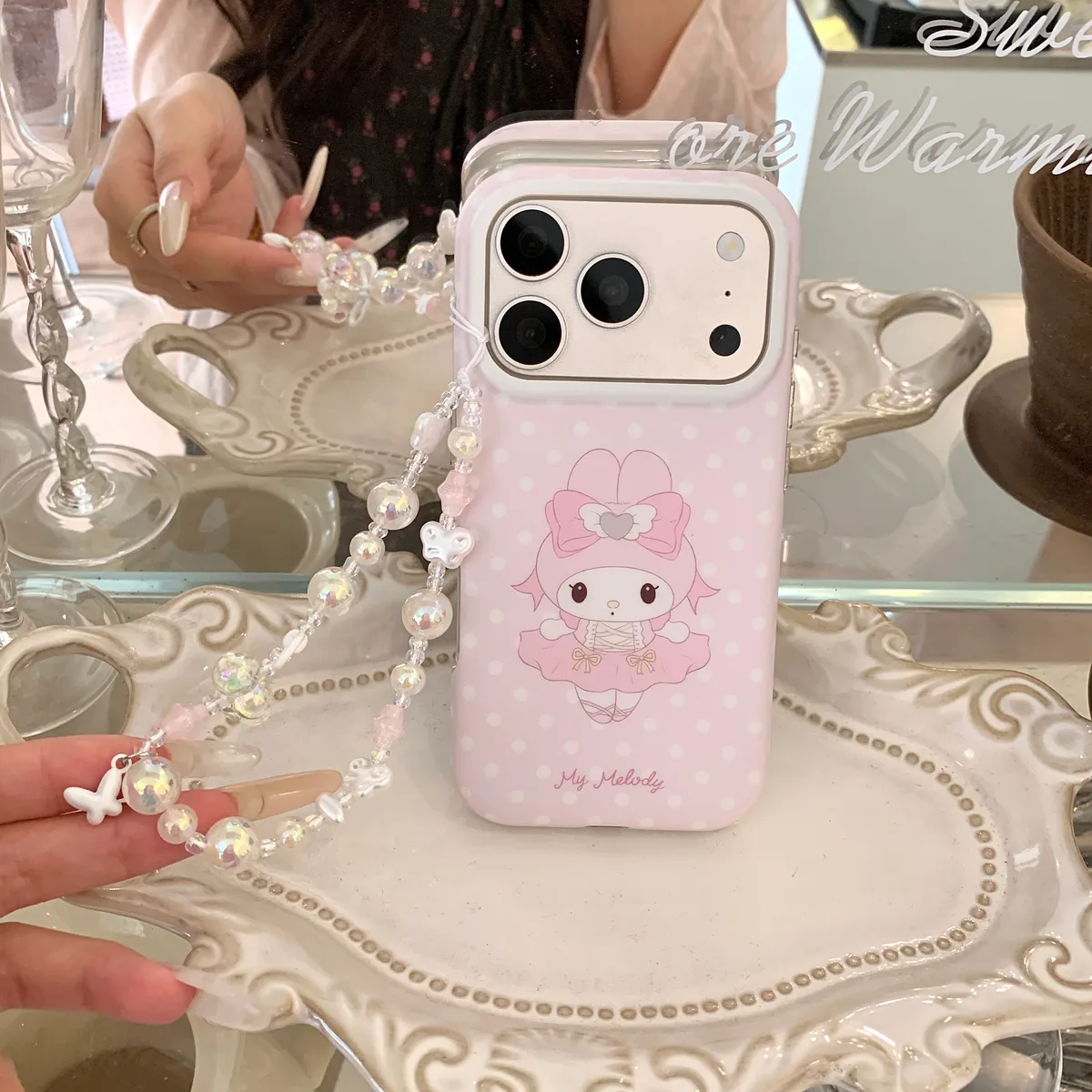 Ballet My Melody Case with Beaded Strap for iPhone 17 16 15 Pro Max