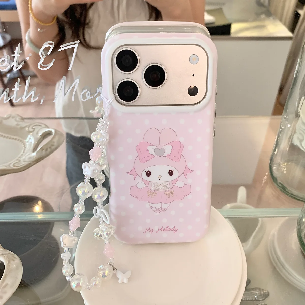 Ballet My Melody Case with Beaded Strap for iPhone 17 16 15 Pro Max