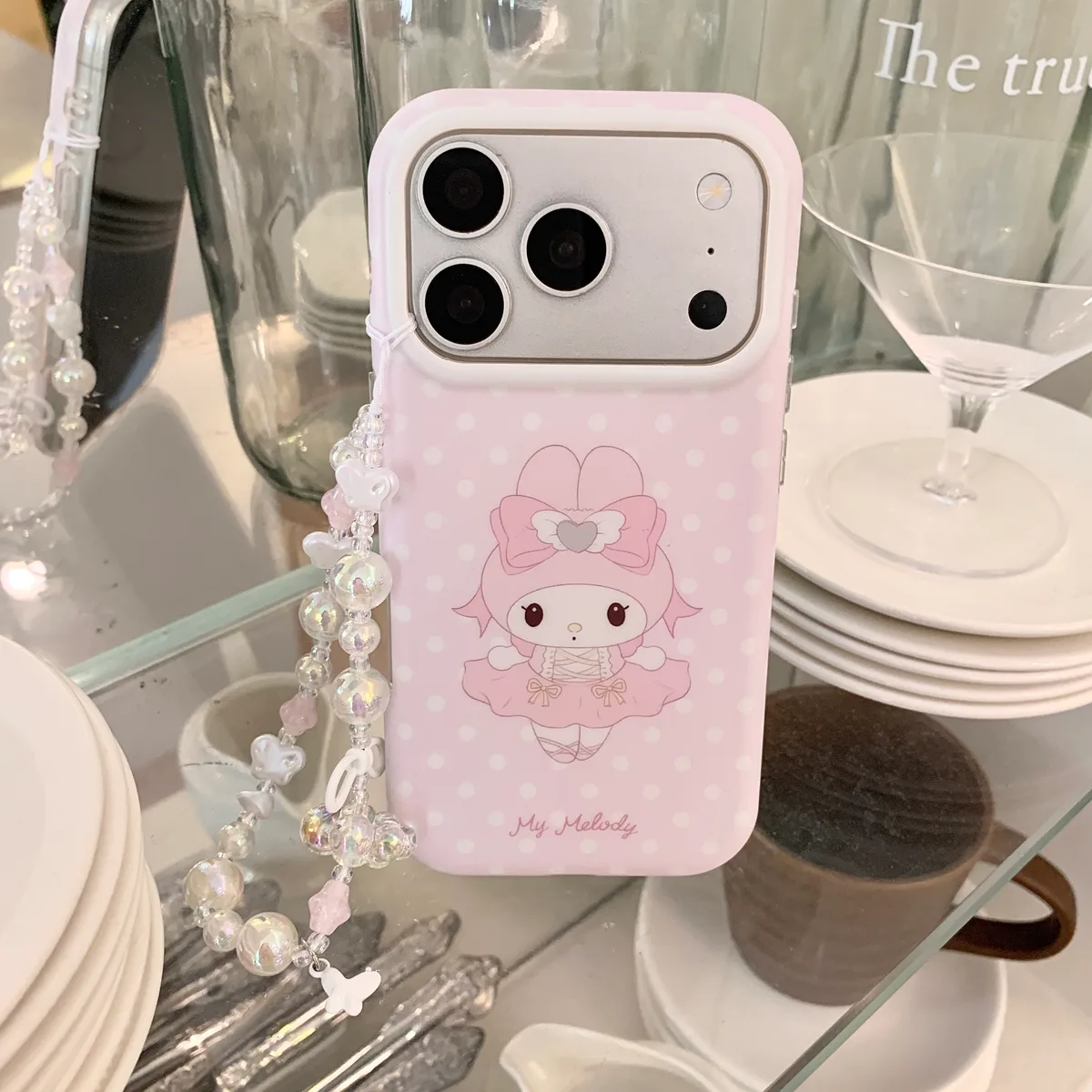 Ballet My Melody Case with Beaded Strap for iPhone 17 16 15 Pro Max