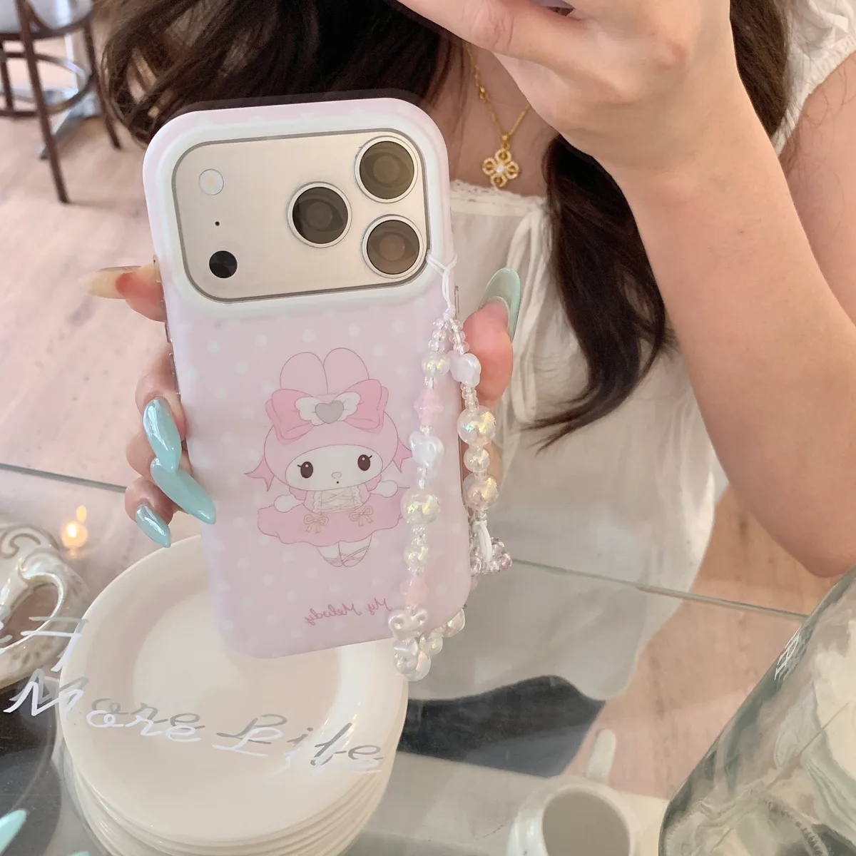 Ballet My Melody Case with Beaded Strap for iPhone 17 16 15 Pro Max