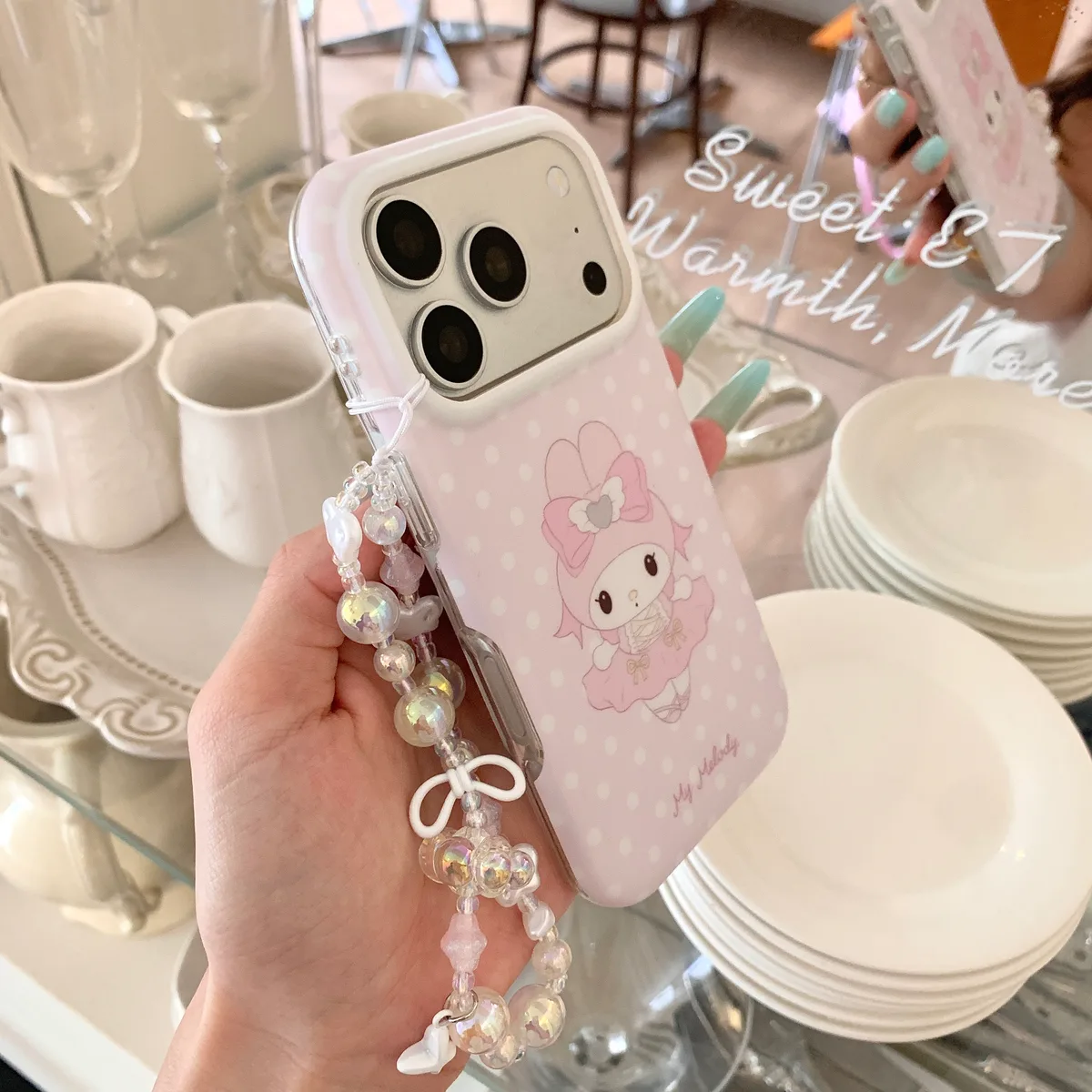 Ballet My Melody Case with Beaded Strap for iPhone 17 16 15 Pro Max