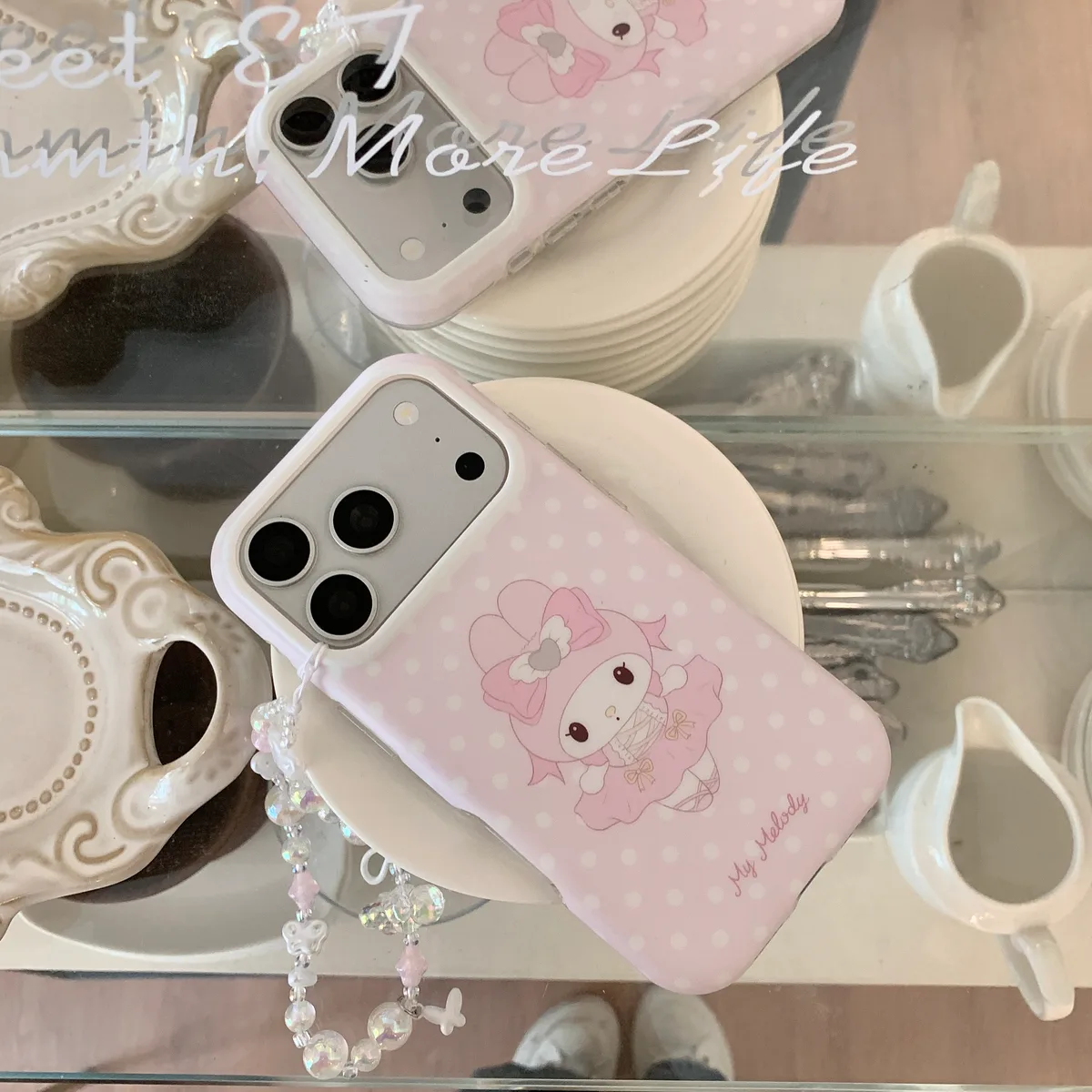Ballet My Melody Case with Beaded Strap for iPhone 17 16 15 Pro Max