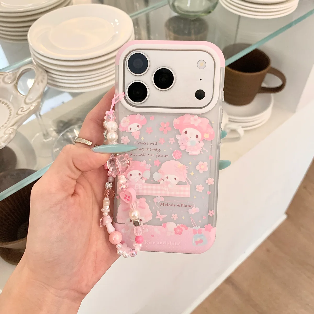 Pink Melody & Piano Case with Beaded Strap for iPhone 17 16 15 Pro Max