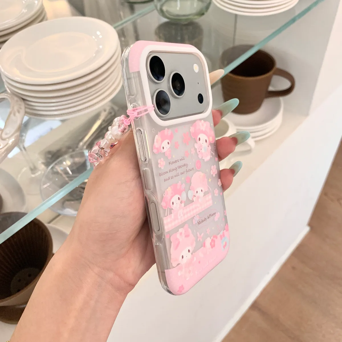 Pink Melody & Piano Case with Beaded Strap for iPhone 17 16 15 Pro Max