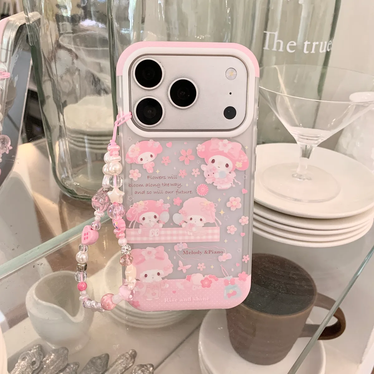 Pink Melody & Piano Case with Beaded Strap for iPhone 17 16 15 Pro Max