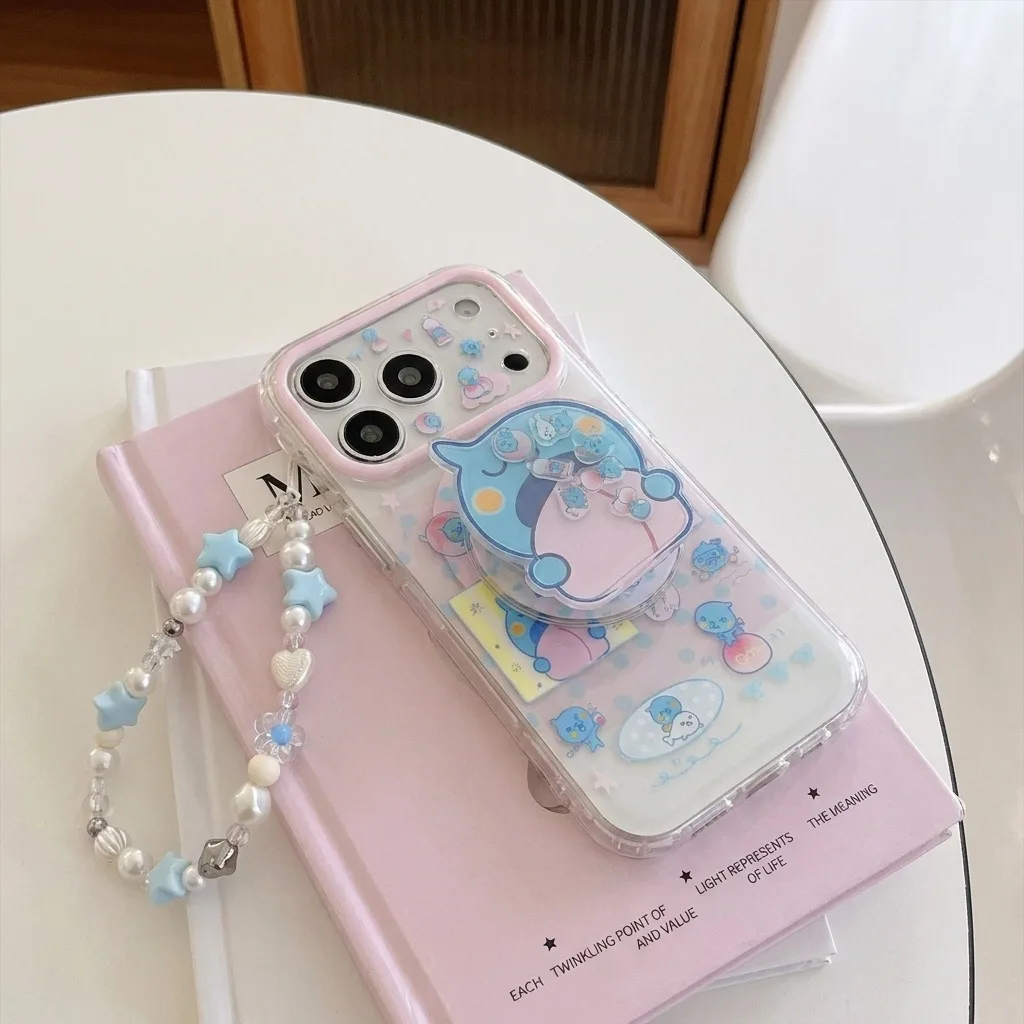 Cute blue bear clear phone case with beaded charm and pop-out grip for iPhone 17 16 15 Pro Max — MagSafe