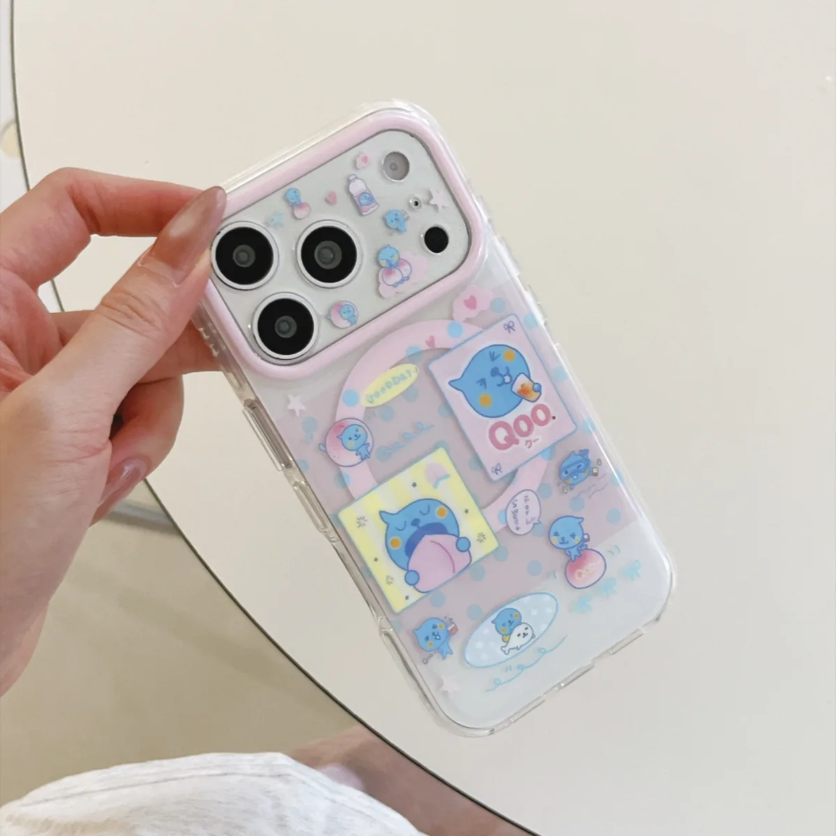 Cute blue bear clear phone case with beaded charm and pop-out grip for iPhone 17 16 15 Pro Max — MagSafe