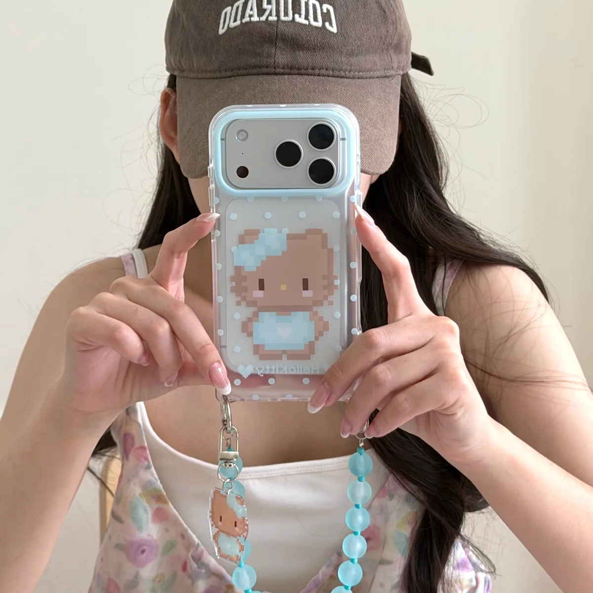 Pixel Hello Kitty Phone Case with Beaded Strap & Pendant for iPhone 17 16 15 Pro Max