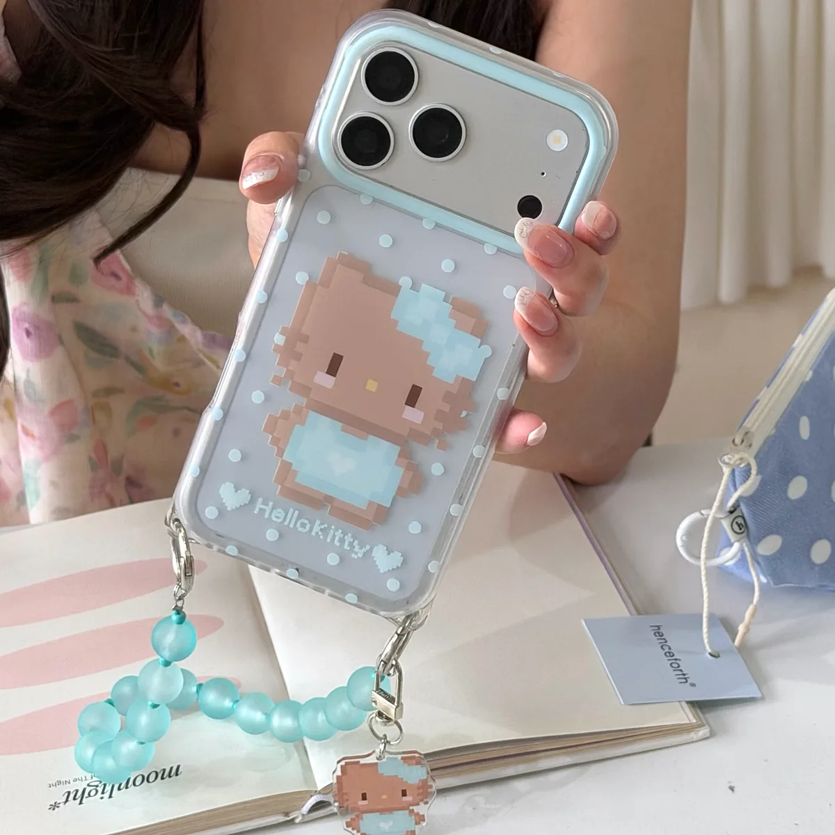 Pixel Hello Kitty Phone Case with Beaded Strap & Pendant for iPhone 17 16 15 Pro Max