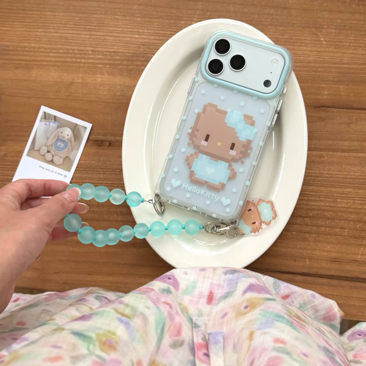 Pixel Hello Kitty Phone Case with Beaded Strap & Pendant for iPhone 17 16 15 Pro Max