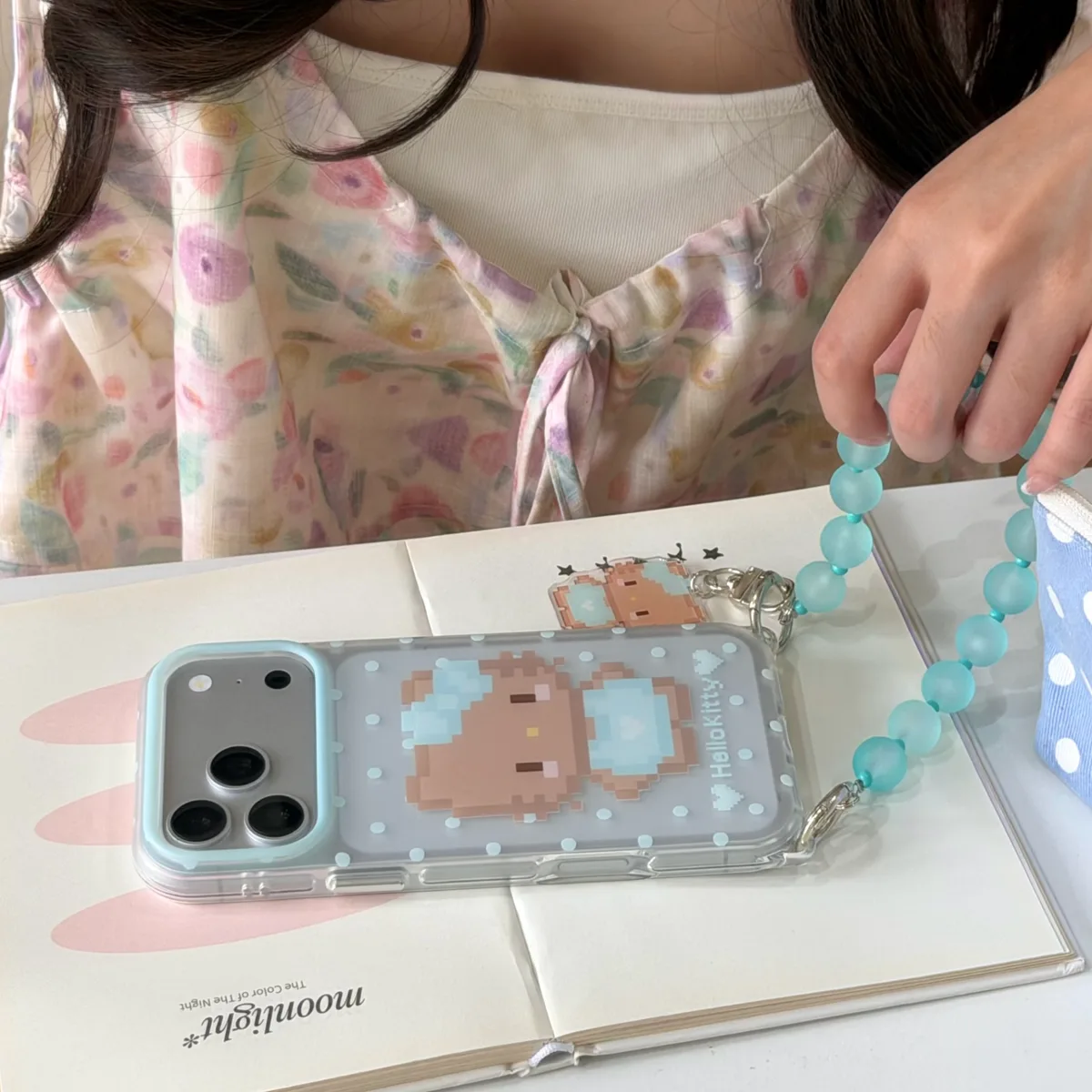 Pixel Hello Kitty Phone Case with Beaded Strap & Pendant for iPhone 17 16 15 Pro Max
