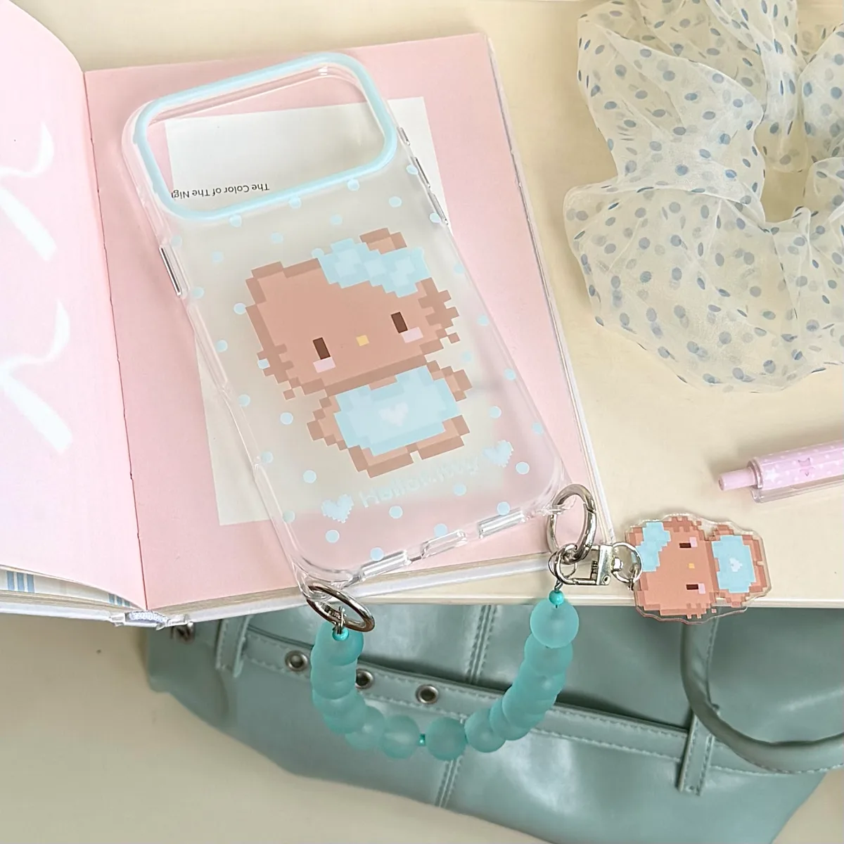 Pixel Hello Kitty Phone Case with Beaded Strap & Pendant for iPhone 17 16 15 Pro Max