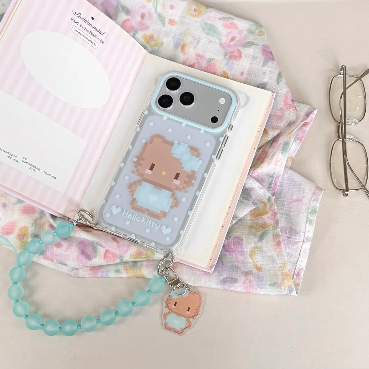 Pixel Hello Kitty Phone Case with Beaded Strap & Pendant for iPhone 17 16 15 Pro Max