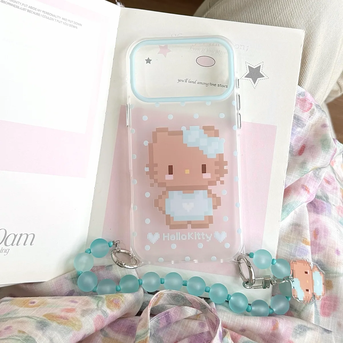 Pixel Hello Kitty Phone Case with Beaded Strap & Pendant for iPhone 17 16 15 Pro Max