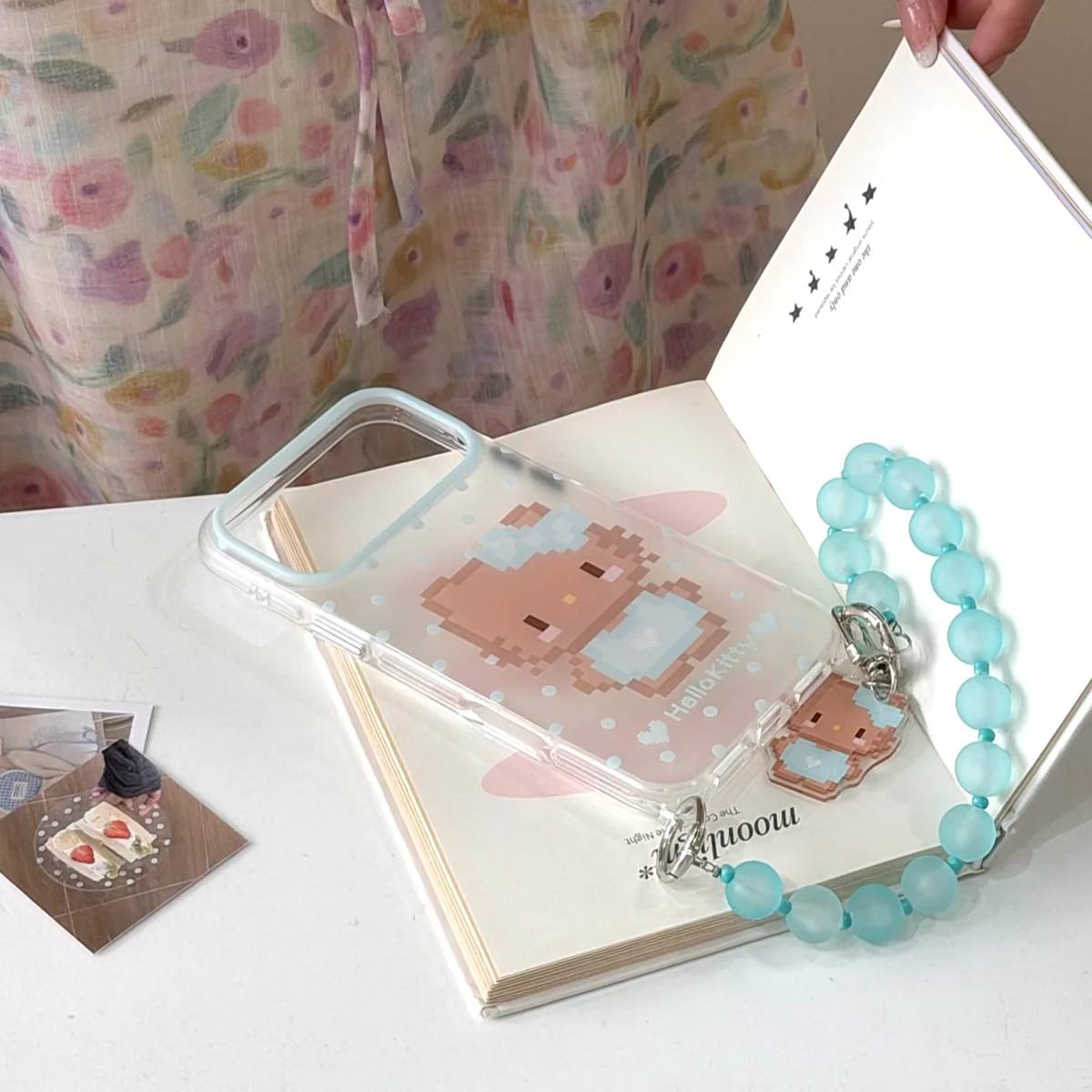 Pixel Hello Kitty Phone Case with Beaded Strap & Pendant for iPhone 17 16 15 Pro Max