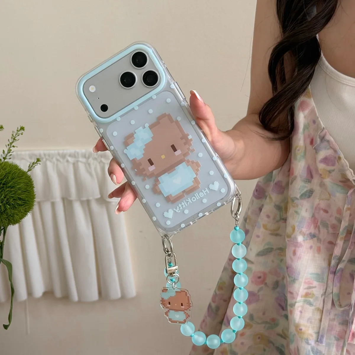 Pixel Hello Kitty Phone Case with Beaded Strap & Pendant for iPhone 17 16 15 Pro Max