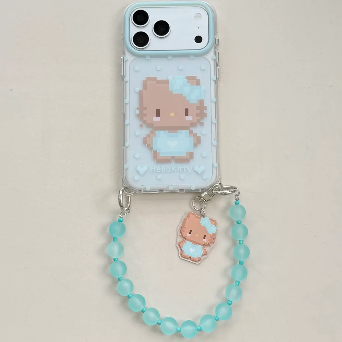 Pixel Hello Kitty Phone Case with Beaded Strap & Pendant for iPhone 17 16 15 Pro Max