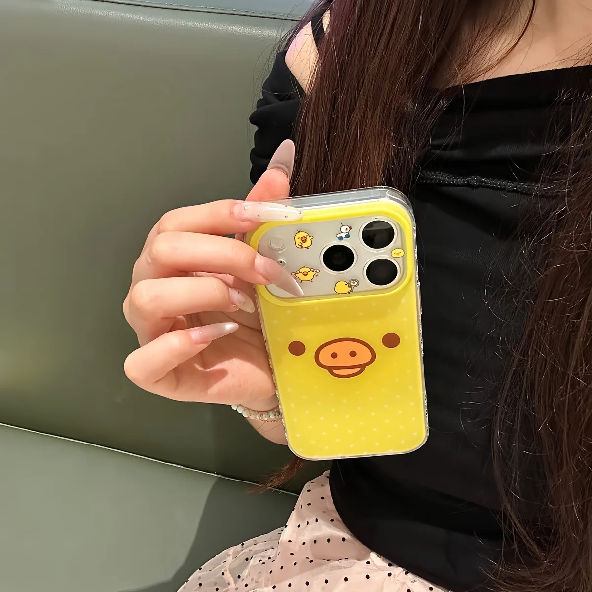 Yellow Polka Dot Pig Face Phone Case with Beaded Strap for iPhone 17 16 15 Pro Max