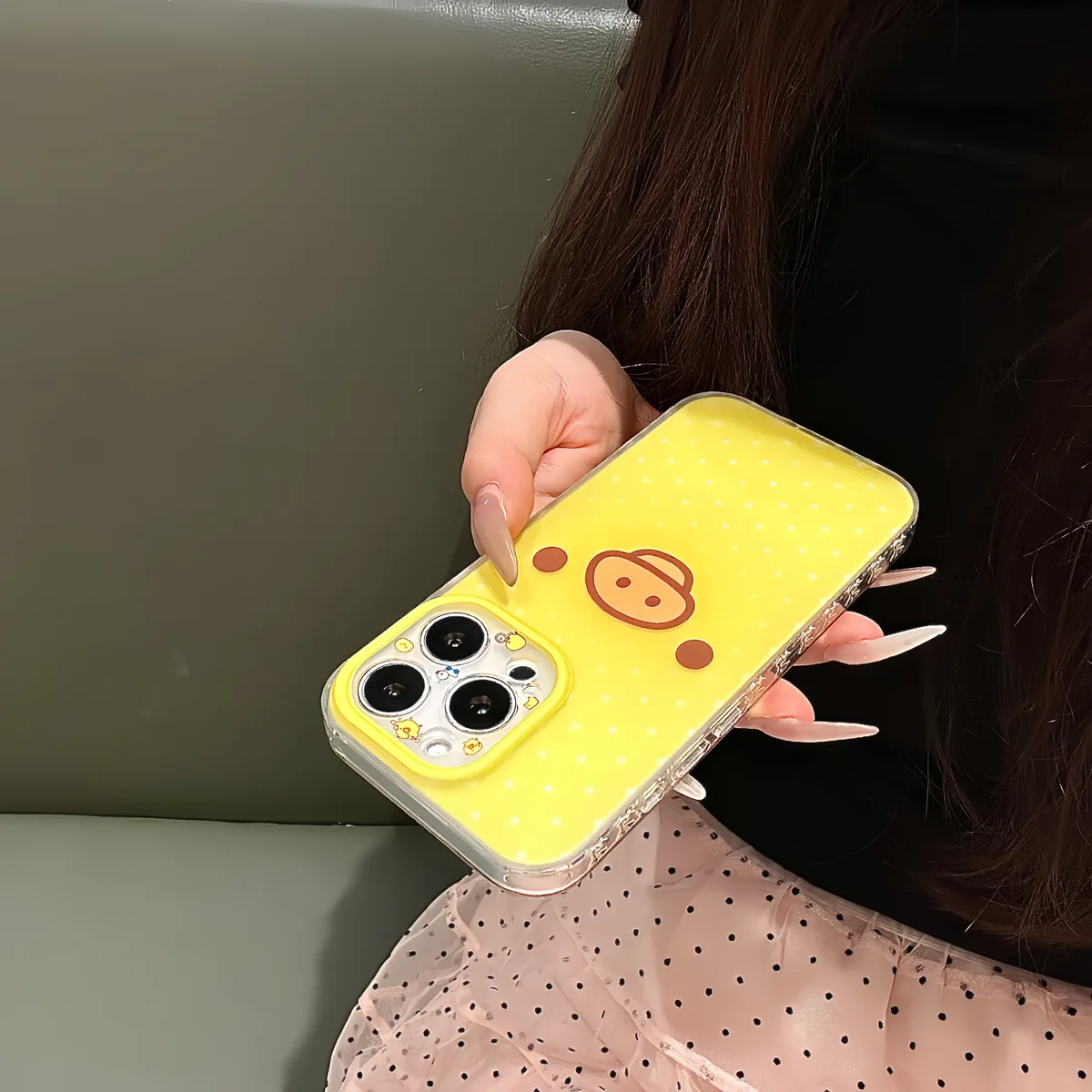 Yellow Polka Dot Pig Face Phone Case with Beaded Strap for iPhone 17 16 15 Pro Max