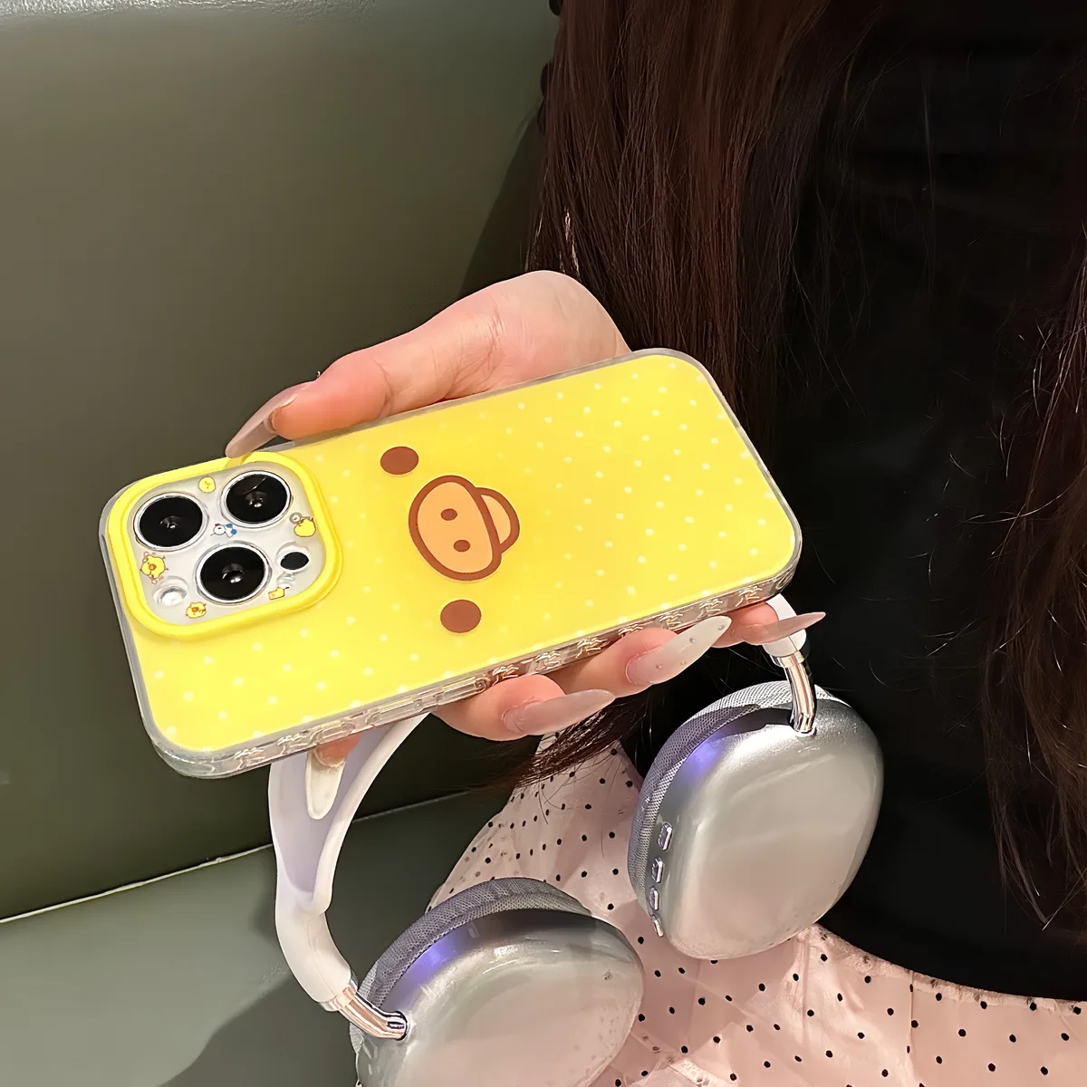 Yellow Polka Dot Pig Face Phone Case with Beaded Strap for iPhone 17 16 15 Pro Max