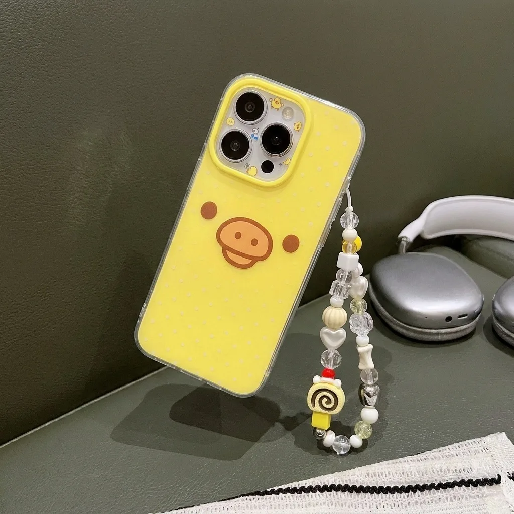 Yellow Polka Dot Pig Face Phone Case with Beaded Strap for iPhone 17 16 15 Pro Max