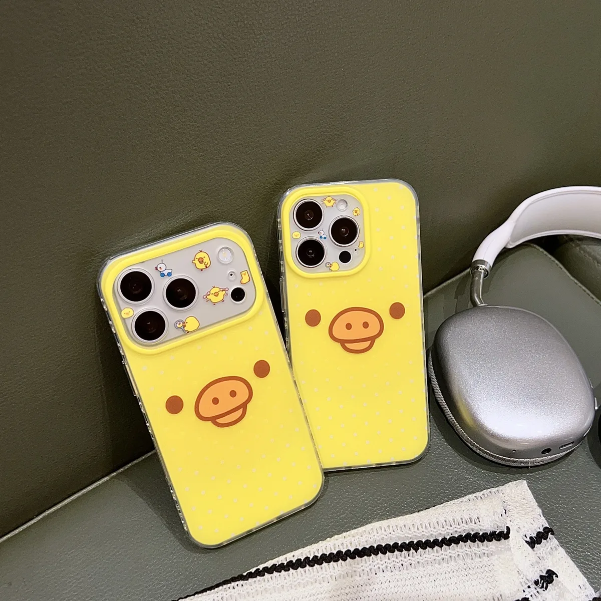 Yellow Polka Dot Pig Face Phone Case with Beaded Strap for iPhone 17 16 15 Pro Max