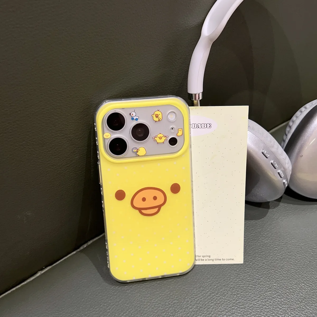 Yellow Polka Dot Pig Face Phone Case with Beaded Strap for iPhone 17 16 15 Pro Max