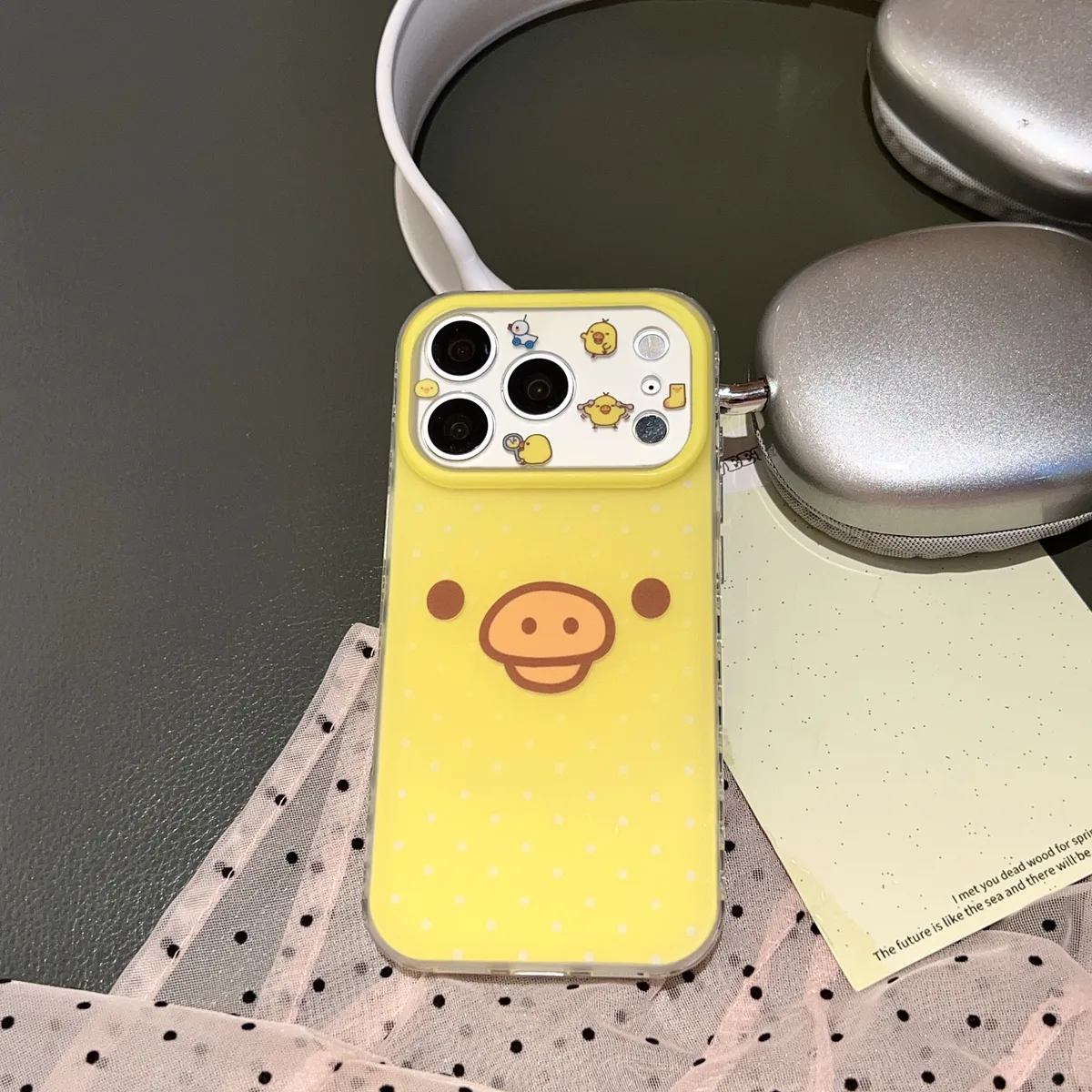 Yellow Polka Dot Pig Face Phone Case with Beaded Strap for iPhone 17 16 15 Pro Max