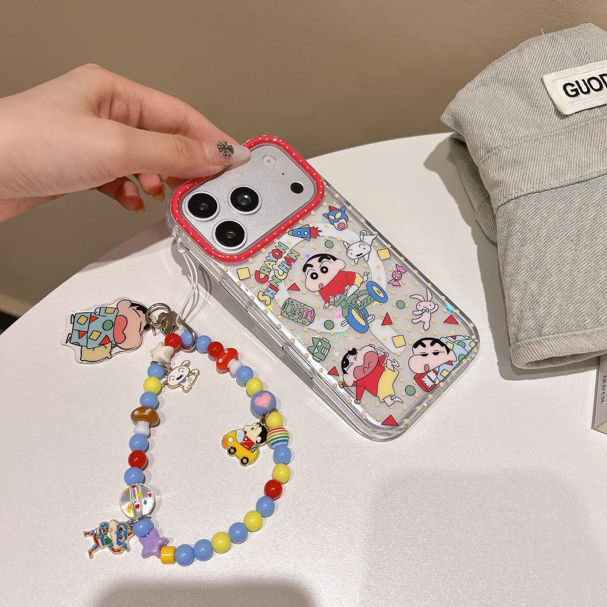 Crayon Shin-chan Clear Case with Beaded Strap & PopSocket for iPhone 17 16 15 14 13 Pro Max — MagSafe