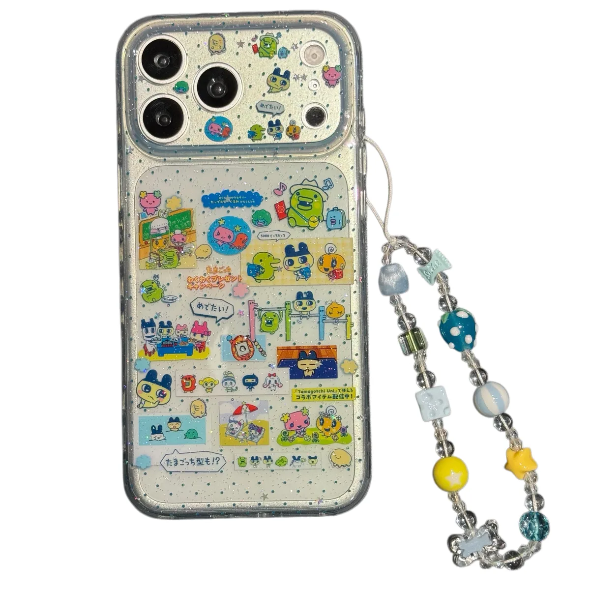 Tamagotchi 9+6 Double-Sided Glitter Case with Beaded Strap for iPhone 17 16 15 Pro Max