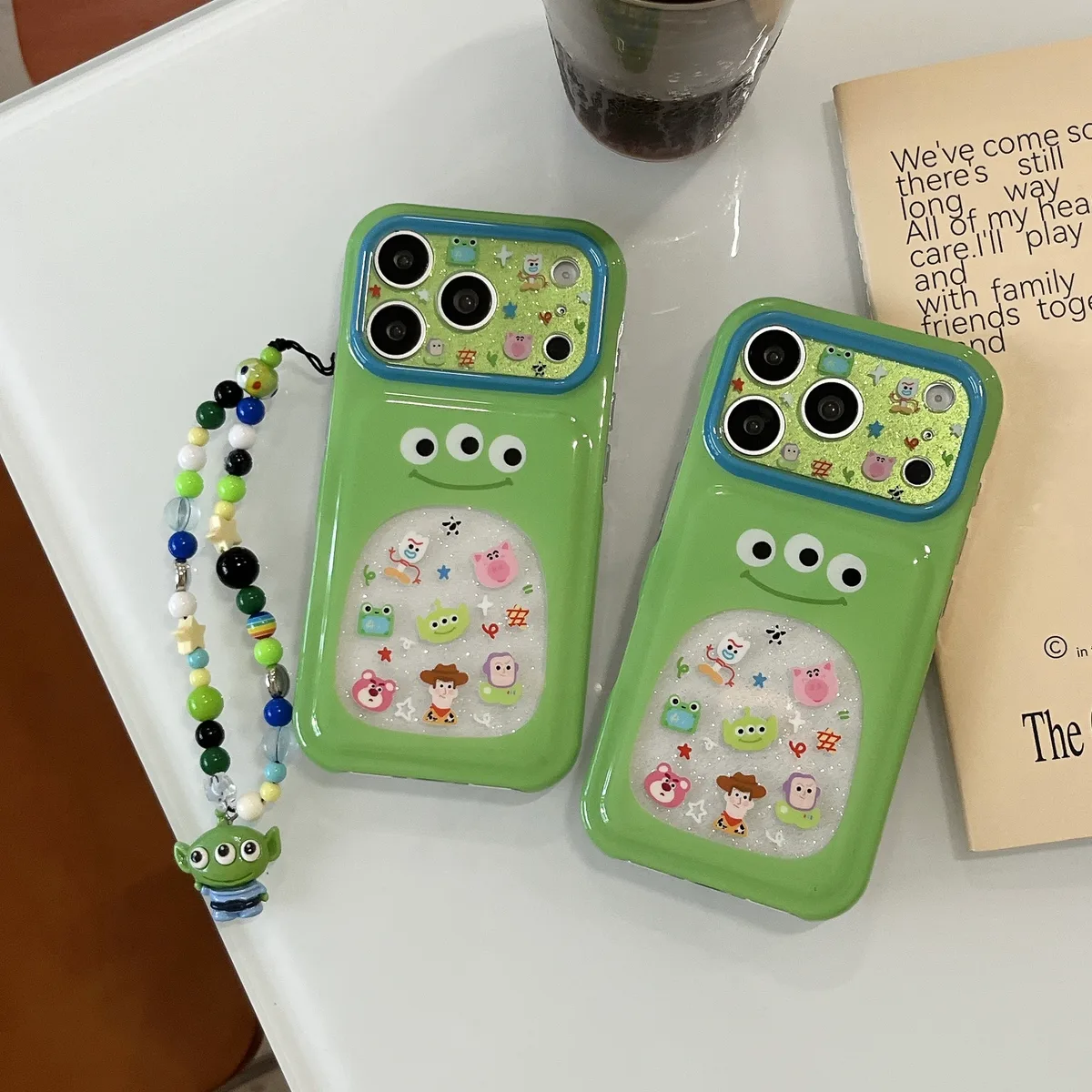 Green Alien 3-Eyes Glitter Bubble Phone Case for iPhone 17 16 15 Pro Max